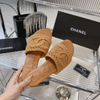 CHANEL SLIPPERS CARAMEL BROWN SHEEPSKIN