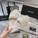 CHANEL SLIPPERS WHITE SHEEPSKIN