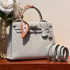 HERMES KELLY SELLIER 25 BAG IN PALE GRAY OSTRICH LEATHER WITH SILVER HARDWARE
