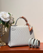 HERMES KELLY SELLIER 25 BAG IN PALE GRAY OSTRICH LEATHER WITH SILVER HARDWARE
