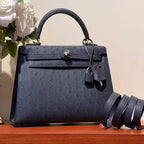 HERMES KELLY SELLIER 25 BAG IN PRUSSIAN BLUE OSTRICH LEATHER WITH GOLD HARDWARE