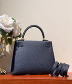 HERMES KELLY SELLIER 25 BAG IN PRUSSIAN BLUE OSTRICH LEATHER WITH GOLD HARDWARE