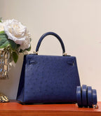 HERMES KELLY SELLIER 25 BAG IN NAVY BLUE OSTRICH LEATHER WITH GOLD HARDWARE
