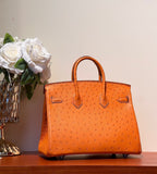 HERMES KELLY SELLIER 25 BAG IN FIRE ORANGE OSTRICH LEATHER WITH SILVER HARDWARE