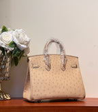 HERMES KELLY SELLIER 25 BAG IN CAMEL BEIGE OSTRICH LEATHER WITH SILVER HARDWARE