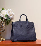 HERMES KELLY SELLIER 25 BAG IN SPACE BLUE OSTRICH LEATHER WITH SILVER HARDWARE