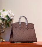 HERMES KELLY SELLIER 25 BAG IN PEACAN BROWN OSTRICH LEATHER WITH GOLD RHINSTONES