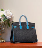 HERMES KELLY  SELLIER 25 BAG IN BLACK MIX OCEAN BLUE OSTRICH LEATHER