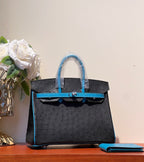 HERMES KELLY  SELLIER 25 BAG IN BLACK MIX OCEAN BLUE OSTRICH LEATHER