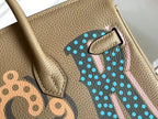 HERMES BIRKIN 25 BAG IN PEANUT BROWN CALFSKIN WITH COLORFUL STICKER