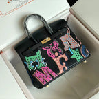 HERMES BIRKIN 25 BAG IN BLACK CALFSKIN WITH COLORFUL STICKER