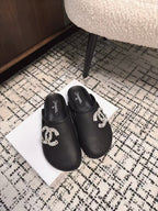 CHANEL FLAT MULES IN BLACK CALFSKIN