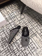 CHANEL FLAT MULE IN  BLACK SUEDE WITH CRYSTALS