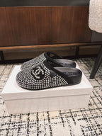 CHANEL FLAT MULE IN  BLACK SUEDE WITH CRYSTALS