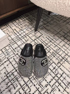 CHANEL FLAT MULE IN  BLACK SUEDE WITH CRYSTALS