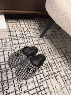 CHANEL FLAT MULE IN  BLACK SUEDE WITH CRYSTALS