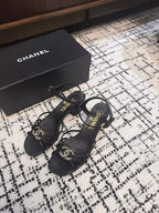 CHANEL MID HEEL SANDALS IN BLACK LAMBSKIN