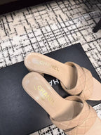 CHANEL MID HEEL MULES IN MACAROON BEIGE SHEEPSKIN