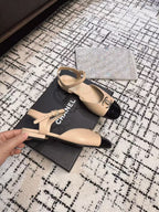 CHANEL FLAT SLINGBACKS IN MACAROON BEIGE MIX BLACK CALFSKIN