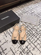 CHANEL FLAT SLINGBACKS IN MACAROON BEIGE MIX BLACK CALFSKIN