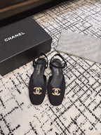CHANEL FLAT SLINGBACKS IN BLACK FABRIC