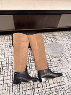 CHANEL HIGH BOOTS IN TAN BROWN SUEDE MIX BLACK CALFSKIN