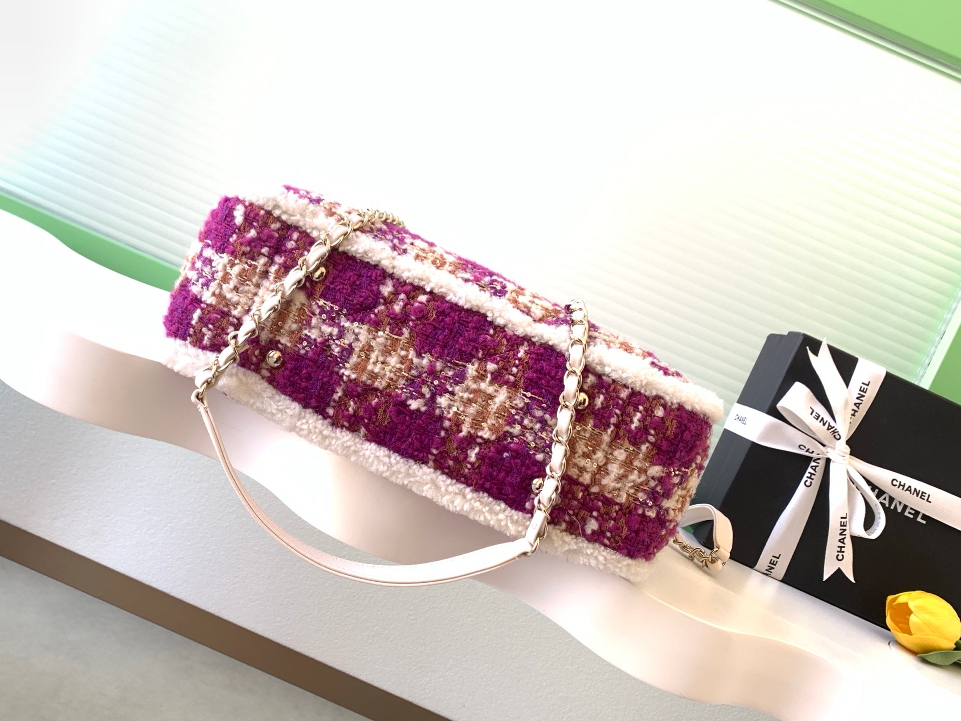 CHANEL 25S SHOPPING BAG 34 IN DARK PINK MIX WHITE TWEED