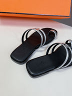 HERMES Georgia Sandals Silver Black Calfskin