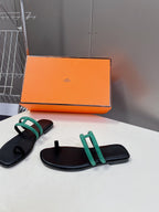 HERMES Georgia Sandals Teal Suede Black Calfskin
