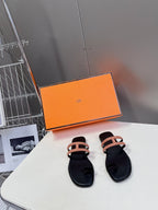 HERMES Georgia Sandals Peach Suede Black Calfskin