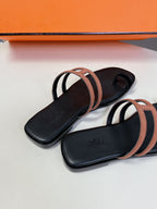 HERMES Georgia Sandals Peach Suede Black Calfskin