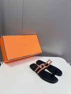 HERMES Georgia Sandals Peach Suede Black Calfskin