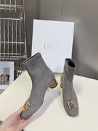 DIOR ICON HEELED ANKLE BOOT DOVE GRAY SUEDE 4 CM WITH GOLD LOGO