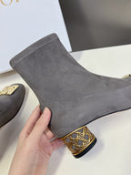 DIOR ICON HEELED ANKLE BOOT DOVE GRAY SUEDE 4 CM WITH GOLD LOGO