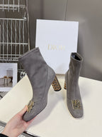 DIOR ICON HEELED ANKLE BOOT DOVE GRAY SUEDE 8 CM WITH GOLD LOGO