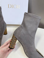DIOR ICON HEELED ANKLE BOOT DOVE GRAY SUEDE 8 CM WITH GOLD LOGO