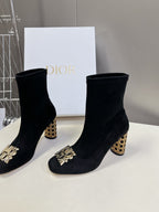 DIOR ICON HEELED ANKLE BOOT BLACK SUEDE 8 CM WITH GOLD LOGO
