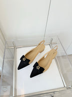 CHANEL SLINGBACKS 18 MM IN BEIGE CALFSKIN MIX BLACK CANVAS