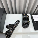 CHANEL DAD SANDALS BLACK PATENT LAMBSKIN MULES
