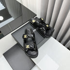 CHANEL DAD SANDALS BLACK PATENT LAMBSKIN MULES