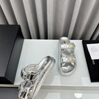 CHANEL dad sandals silver metalic lambskin mules