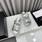CHANEL dad sandals silver metalic lambskin mules