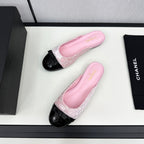 CHANEL BOW MULE IN LIGHT PINK FABRIC AND BLACK CALFSKIN
