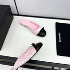 CHANEL BOW MULE IN LIGHT PINK FABRIC AND BLACK CALFSKIN