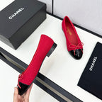 CHANEL BALLET FLATS IN RUBY RED TWEED AND BLACK CALFSKIN