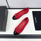 CHANEL BALLET FLATS IN RUBY RED TWEED AND BLACK CALFSKIN