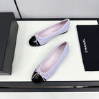 CHANEL BALLET FLATS IN POWDER BLUE TWEED AND BLACK CALFSKIN
