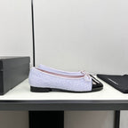 CHANEL BALLET FLATS IN POWDER BLUE TWEED AND BLACK CALFSKIN