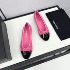 CHANEL BALLET FLATS IN BRIGHT PINK TWEED AND BLACK CALFSKIN
