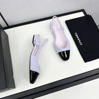 CHANEL SLINGBACK LIGHT BLUE TWEED AND BLACK CALFSKIN